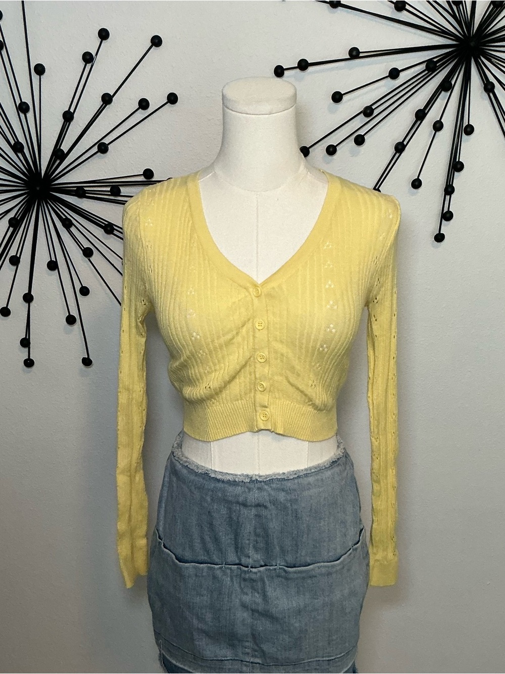 Love Tree Butter Yellow Pointelle Knit Cropped Cardigan Sweater Size Small
